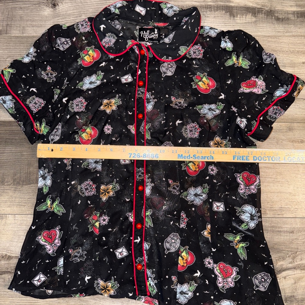 Hell Bunny Sheer Tattoo Print Button Up Blouse Black Pinup Rockabilly‎ - Picture 4 of 5